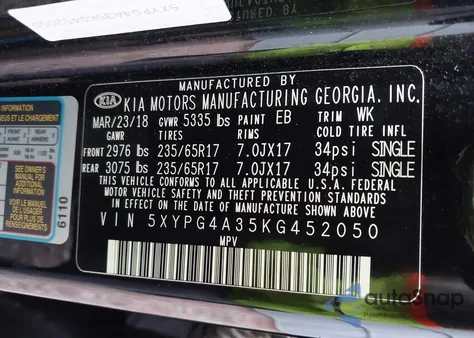 2019 Kia Sorento 2.4L L z USA, uszkodzony, nr VIN 5XYPG4A35KG452050